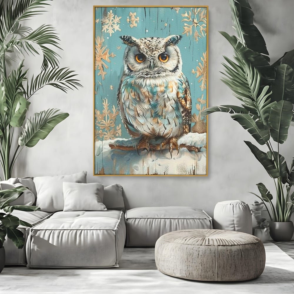 Tablou canvas cu tablou canvas cu bufnita pe ramura inzapezita, in rama de aluminiu auriu, pe perete intr-un living